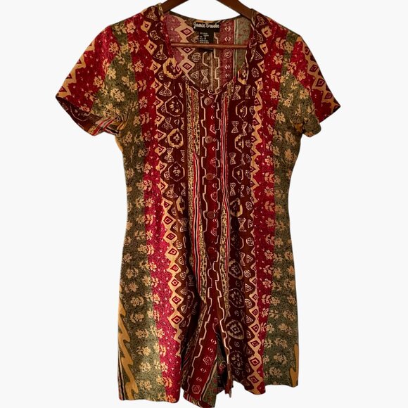 Vintage 90s Jamie Brooke Romper Medium M Red Green Block Geometric Tribal Print - Picture 1 of 4
